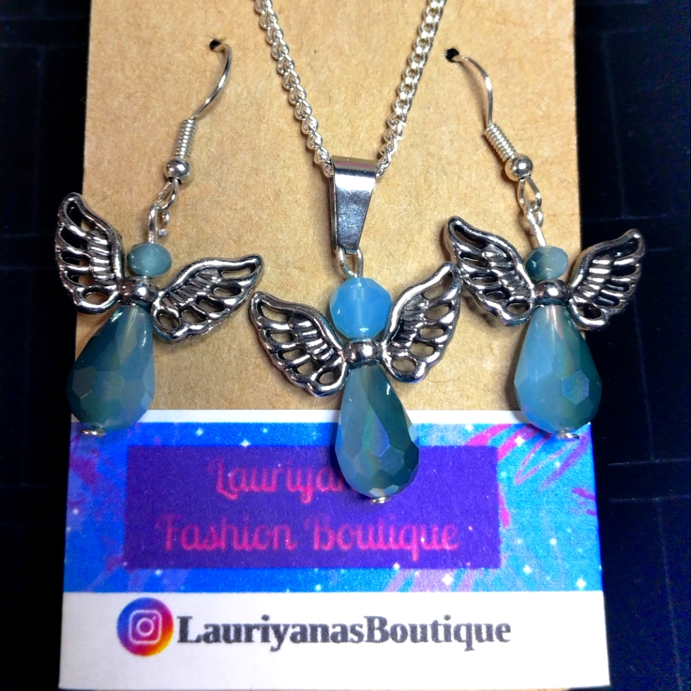 Angel Earrings And Necklace Set- Blue Green